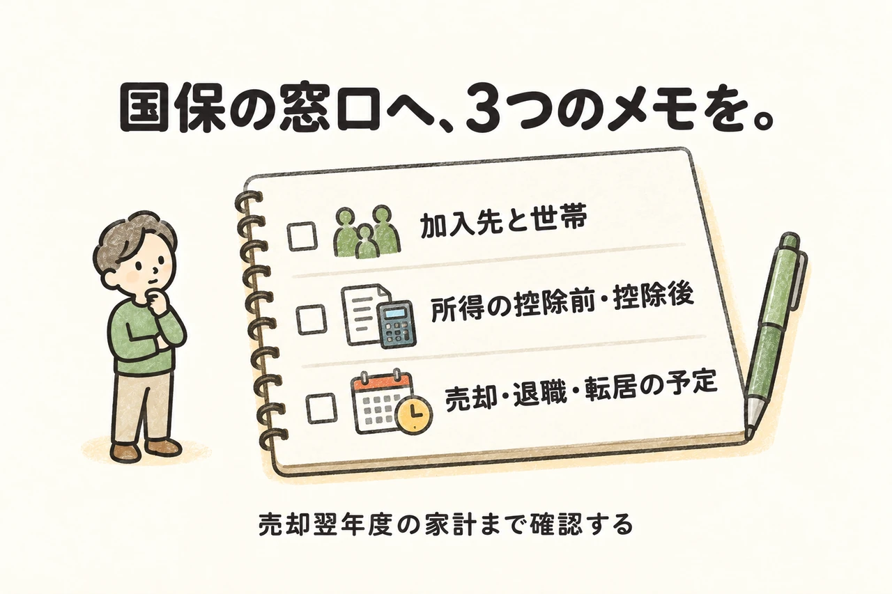 国保の窓口へ、3つのメモを。。加入先と世帯。所得の控除前・控除後。売却・退職・転居の予定。売却翌年度の家計まで確認する
