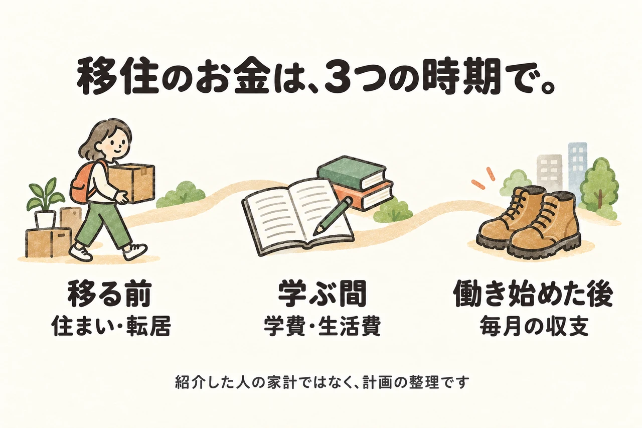 移住のお金は、3つの時期で。。移る前:住まい・転居。学ぶ間:学費・生活費。働き始めた後:毎月の収支。紹介した人の家計ではなく、計画の整理です