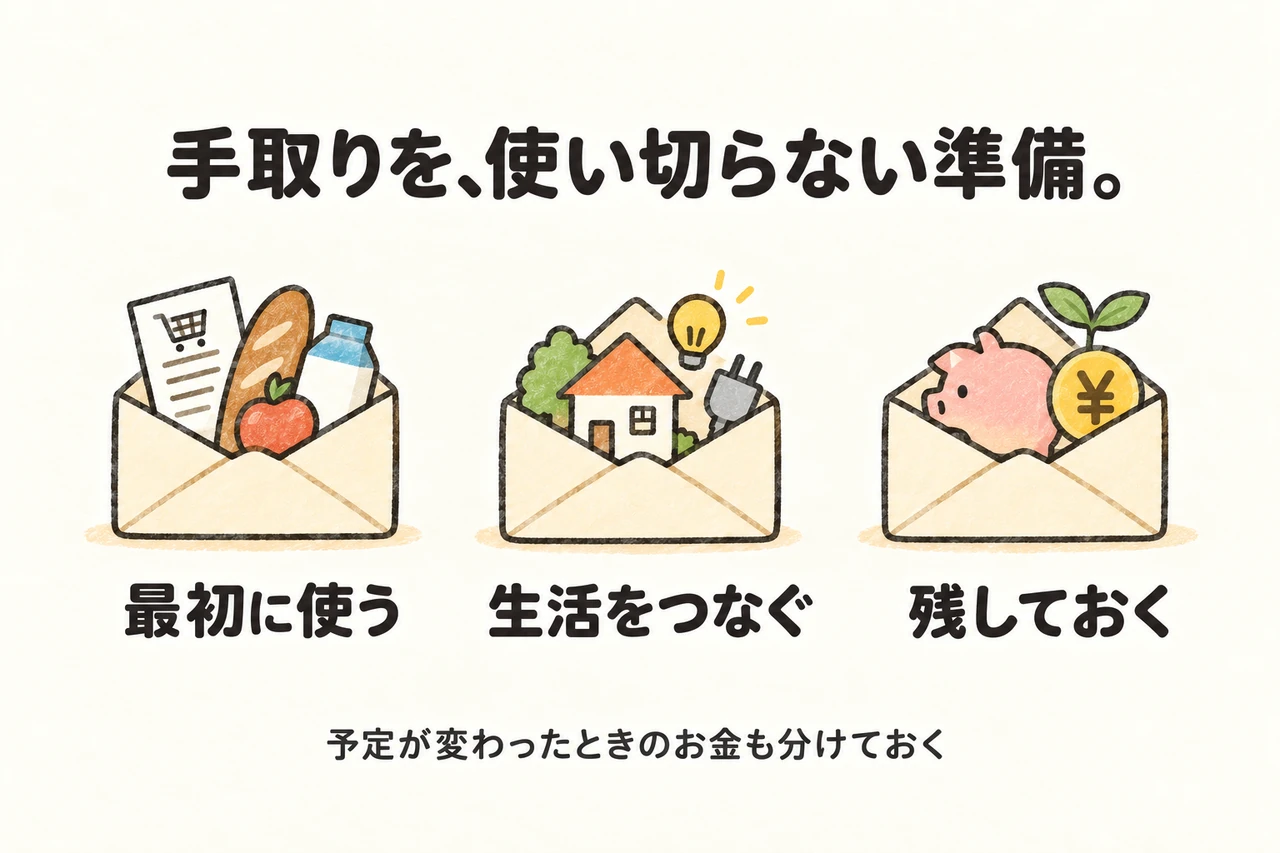手取りを、使い切らない準備。。最初に使う。生活をつなぐ。残しておく。予定が変わったときのお金も分けておく