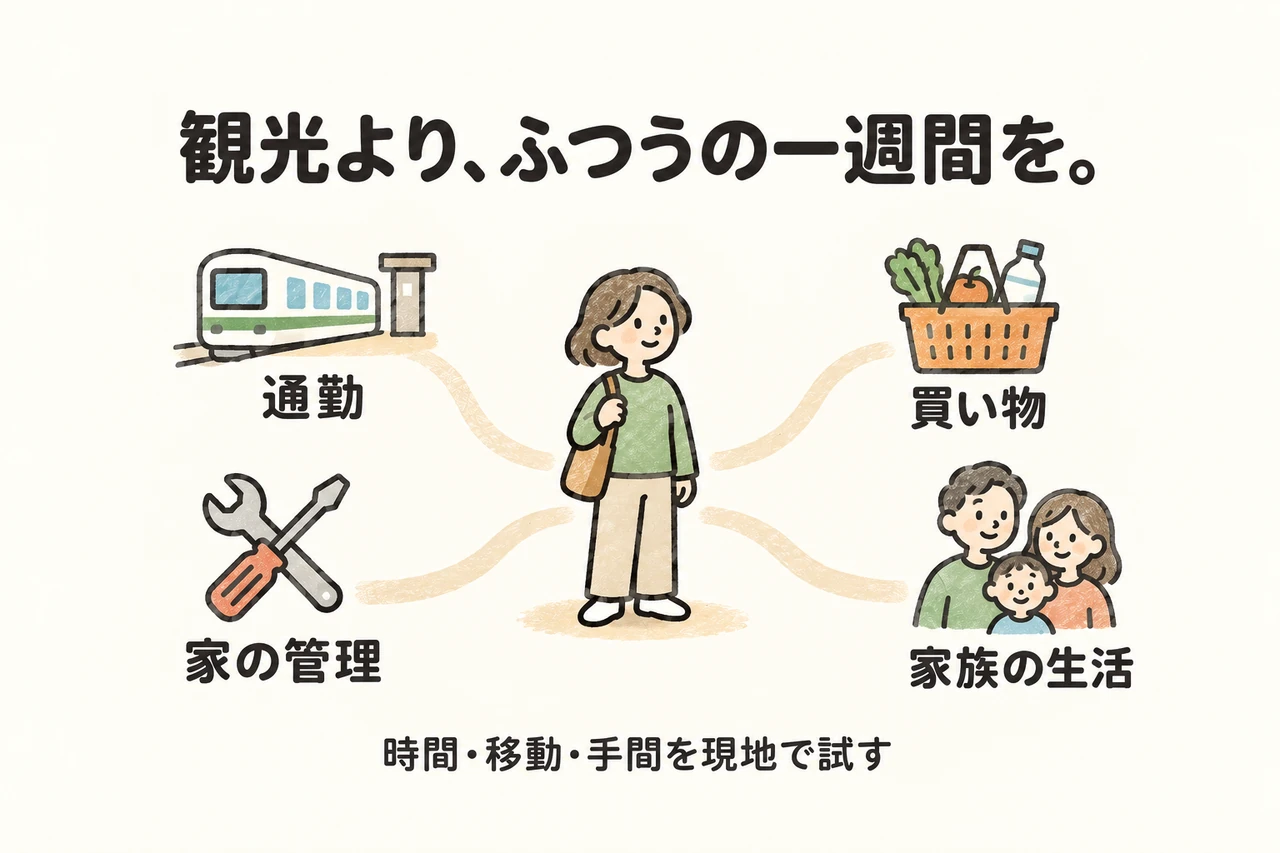 観光より、ふつうの一週間を。。通勤。買い物。家の管理。家族の生活。時間・移動・手間を現地で試す