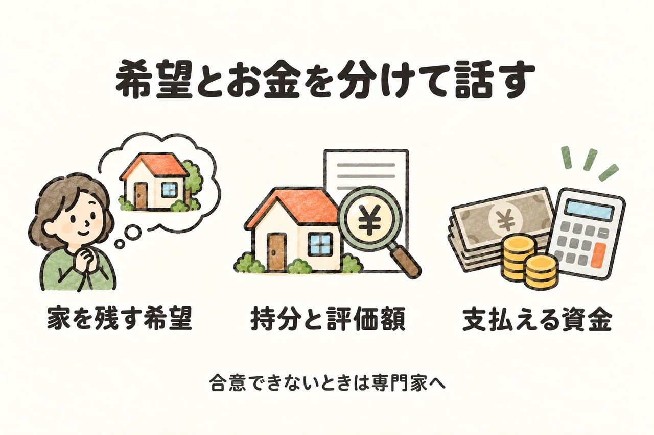 家を残す希望と、持分・評価額、支払える資金を分けて整理します。特定の裁判例から、残したい側が必ず優先されると判断することはできません。