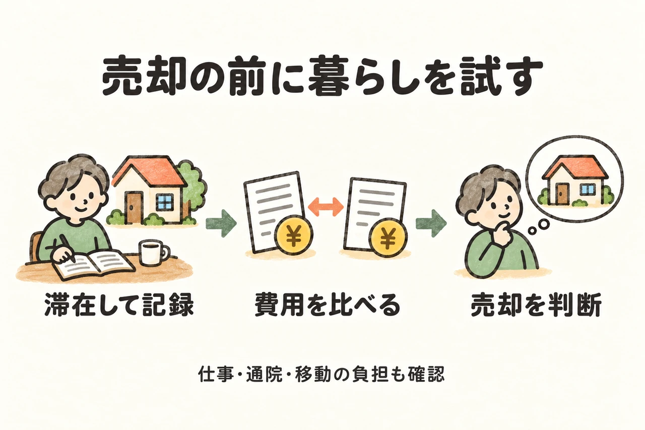 滞在して生活を記録し、二つの住まいの合計費用を比べて売却を判断します。仕事、通院、移動の負担や、支援終了後の費用も確認します。
