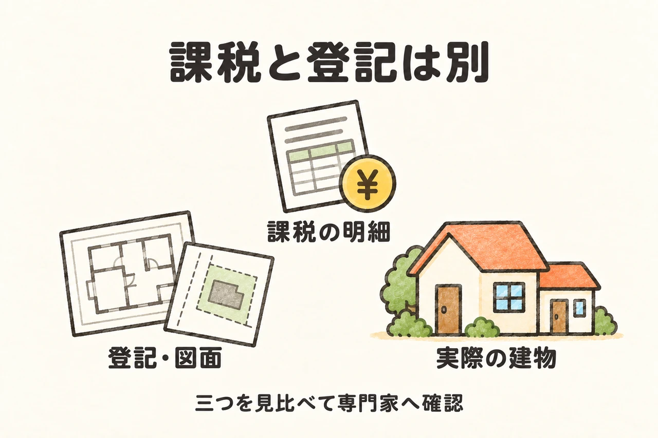 課税明細、登記・図面、実際の建物を見比べます。税務の届出と法務局の登記は別で、登記を直すことと建築法令への適合も分けて確認します。